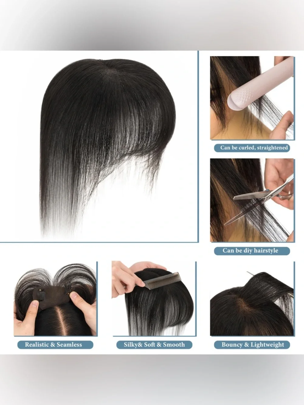 HUMAN HAIR Human Hair Topper w/ Air Bangs Lightweight Clip In